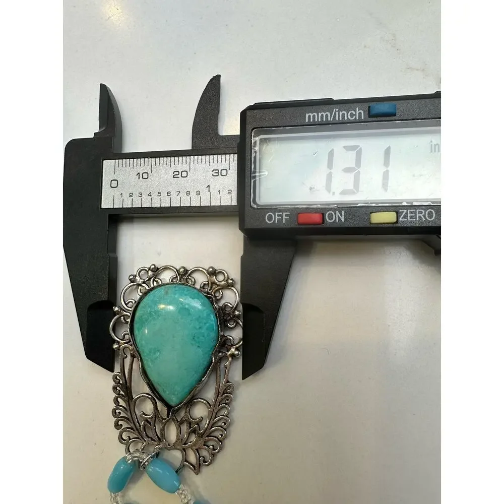 Sterling 925 Turquoise Teardrop Handmade Rustic Pendant Large Ornate Southwest
